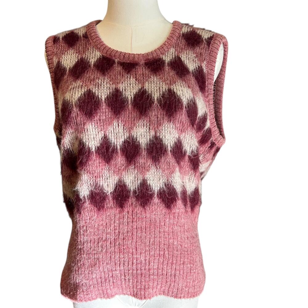 Vtg Knit Vest Academia USA SZ Med Pink Burgundy Plaid Preppy FLAW McGregor
